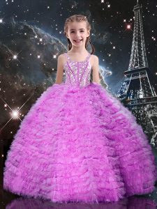 Elegant Lilac Sleeveless Floor Length Beading and Ruffled Layers Lace Up Kids Pageant Dress