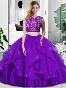 Floor Length Zipper Vestidos de Quinceanera Purple for Military Ball and Sweet 16 and Quinceanera with Lace and Ruffles