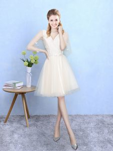Unique Knee Length Champagne Bridesmaid Dress Tulle Half Sleeves Lace