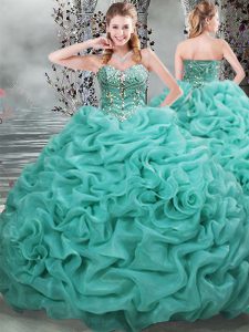 Charming Turquoise Ball Gowns Beading and Pick Ups Sweet 16 Dress Lace Up Organza Sleeveless