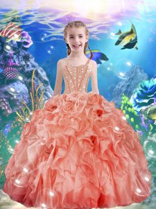 Popular Organza Sleeveless Floor Length Pageant Dress Toddler and Beading and Ruffles