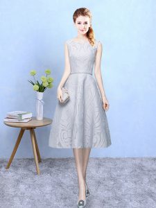 Fine Grey Empire Lace Scoop Sleeveless Lace Tea Length Zipper Bridesmaid Gown