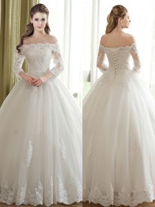 Eye-catching Off The Shoulder 3 4 Length Sleeve Wedding Dresses Floor Length Lace and Appliques White Tulle
