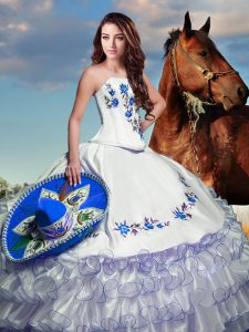 Fabulous White Ball Gowns Taffeta Strapless Long Sleeves Embroidery and Ruffled Layers Floor Length Lace Up Quinceanera 