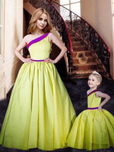 Ruching Prom Dresses Yellow Lace Up Sleeveless Floor Length