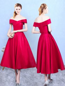 Off The Shoulder Sleeveless Lace Up Bridesmaid Dresses Wine Red Taffeta