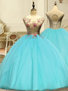 Wonderful Aqua Blue Ball Gowns Scoop Sleeveless Organza Floor Length Lace Up Appliques 15th Birthday Dress