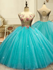 Aqua Blue Ball Gowns Scoop Sleeveless Tulle Floor Length Lace Up Appliques and Sequins Quince Ball Gowns
