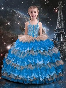 Superior Baby Blue Straps Neckline Beading and Ruffled Layers Girls Pageant Dresses Sleeveless Lace Up