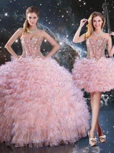 Luxurious Sweetheart Sleeveless Ball Gown Prom Dress Floor Length Beading and Ruffles Baby Pink Organza