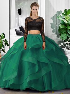 Best Floor Length Dark Green 15th Birthday Dress Tulle Long Sleeves Lace and Ruffles