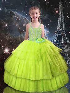 Unique Floor Length Yellow Green Pageant Gowns For Girls Straps Sleeveless Lace Up