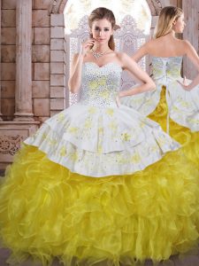 High Class Beading and Appliques and Ruffles 15th Birthday Dress Yellow And White Lace Up Sleeveless Floor Length