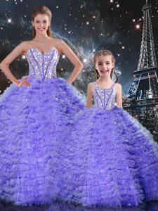 Customized Lavender Tulle Lace Up Sweetheart Sleeveless Floor Length Sweet 16 Dress Beading and Ruffles