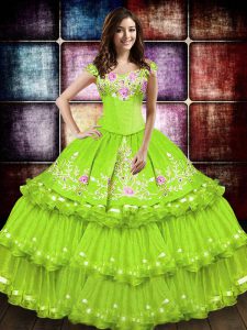 Customized Off The Shoulder Sleeveless Quinceanera Dresses Floor Length Embroidery and Ruffled Layers Yellow Green Taffe
