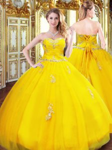 Unique Gold Ball Gowns Organza Sweetheart Sleeveless Beading and Appliques Floor Length Lace Up Quinceanera Dress