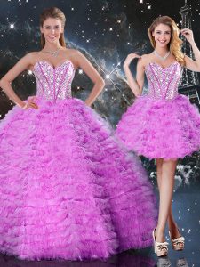 Exceptional Fuchsia Ball Gowns Beading and Ruffled Layers Quinceanera Gown Lace Up Organza Sleeveless Floor Length