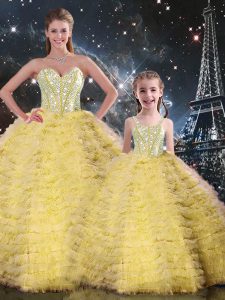 Traditional Yellow Lace Up Sweetheart Beading and Ruffles 15th Birthday Dress Tulle Sleeveless