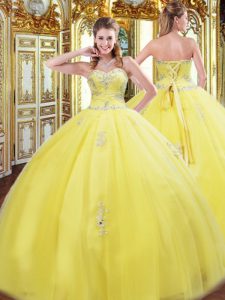 Shining Yellow Sleeveless Floor Length Beading and Appliques Lace Up Vestidos de Quinceanera