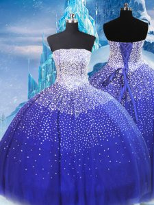 Sumptuous Strapless Sleeveless Lace Up Quinceanera Gown Blue Tulle