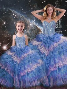 Multi-color Ball Gowns Sweetheart Sleeveless Organza Floor Length Lace Up Beading and Ruffled Layers Quinceanera Dresses