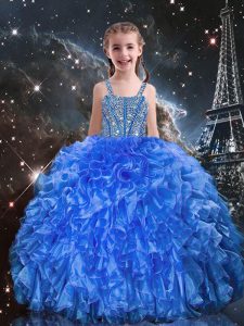 Top Selling Blue Straps Neckline Beading and Ruffles Glitz Pageant Dress Sleeveless Lace Up