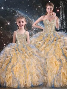 Gold Ball Gowns Organza Sweetheart Sleeveless Beading and Ruffles Floor Length Lace Up Ball Gown Prom Dress