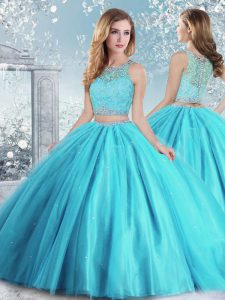 Sleeveless Floor Length Beading and Sequins Clasp Handle Sweet 16 Dresses with Aqua Blue
