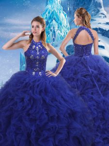 Sleeveless Organza Brush Train Lace Up Quinceanera Gowns in Blue with Beading and Ruffles
