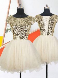 Top Selling Mini Length A-line Short Sleeves Champagne Prom Dress Lace Up