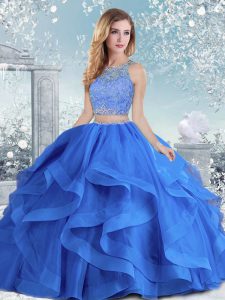 Enchanting Royal Blue Scoop Neckline Beading and Ruffles Quinceanera Dress Long Sleeves Clasp Handle