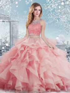 Beading and Ruffles Sweet 16 Dress Baby Pink Clasp Handle Sleeveless Floor Length