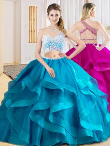 Comfortable Floor Length Baby Blue 15 Quinceanera Dress Tulle Sleeveless Beading and Ruffles