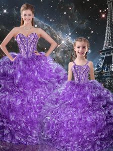 Eggplant Purple Ball Gowns Beading and Ruffles Quinceanera Gowns Lace Up Organza Sleeveless Floor Length