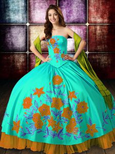 Noble Strapless Sleeveless Lace Up Quince Ball Gowns Multi-color Satin