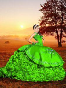 Sleeveless Embroidery and Ruffles Lace Up Quinceanera Gowns with Green Brush Train