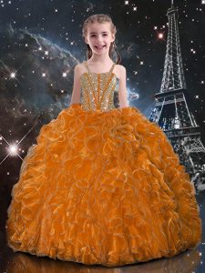 Excellent Floor Length Orange Red Kids Pageant Dress Straps Sleeveless Lace Up