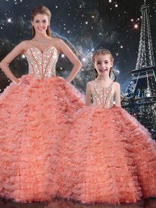 Most Popular Floor Length Watermelon Red Quinceanera Dress Tulle Sleeveless Beading and Ruffles