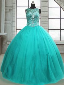 Pretty Turquoise Ball Gowns Scoop Sleeveless Tulle Floor Length Lace Up Beading Sweet 16 Dresses