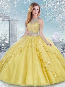 Inexpensive Scoop Sleeveless Clasp Handle Quinceanera Gown Gold Tulle