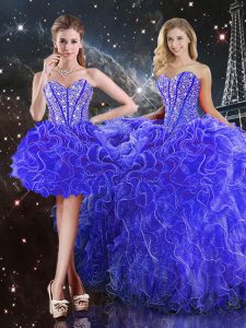 Decent Floor Length Blue Sweet 16 Quinceanera Dress Organza Sleeveless Beading and Ruffles
