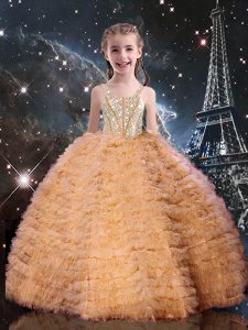 Orange Red Lace Up Straps Beading and Ruffled Layers Kids Formal Wear Tulle Sleeveless