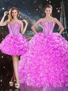 Edgy Fuchsia Three Pieces Beading and Ruffles Quince Ball Gowns Lace Up Organza Sleeveless Floor Length