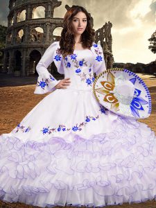 Custom Design Long Sleeves Floor Length Embroidery and Ruffled Layers Lace Up Quinceanera Dress with Royal Blue