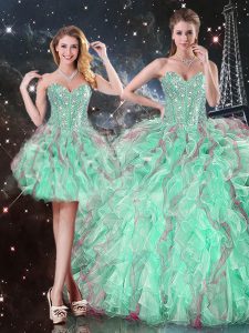 Turquoise Sweetheart Lace Up Beading and Ruffles 15th Birthday Dress Sleeveless