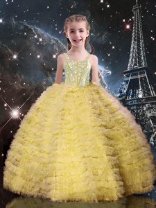 Elegant Champagne Sleeveless Beading and Ruffled Layers Floor Length Pageant Dress for Teens