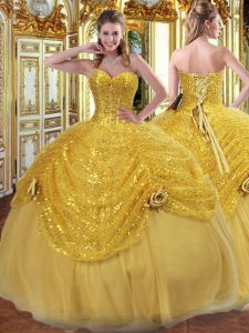Sleeveless Tulle Floor Length Lace Up Quinceanera Dresses in Gold with Pick Ups and Hand Made Flower