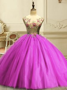 Classical Fuchsia Ball Gowns Appliques and Sequins Quinceanera Dresses Lace Up Tulle Sleeveless Floor Length