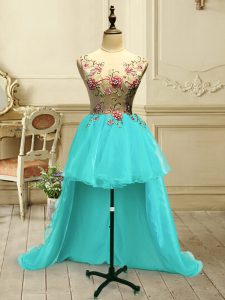 Aqua Blue Sleeveless Organza Lace Up Prom Dress for Military Ball and Sweet 16 and Quinceanera