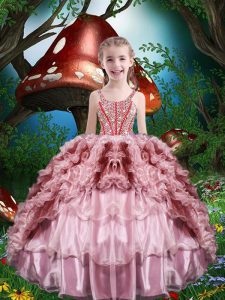 Baby Pink Straps Neckline Beading and Ruffles and Ruffled Layers Little Girls Pageant Gowns Sleeveless Lace Up